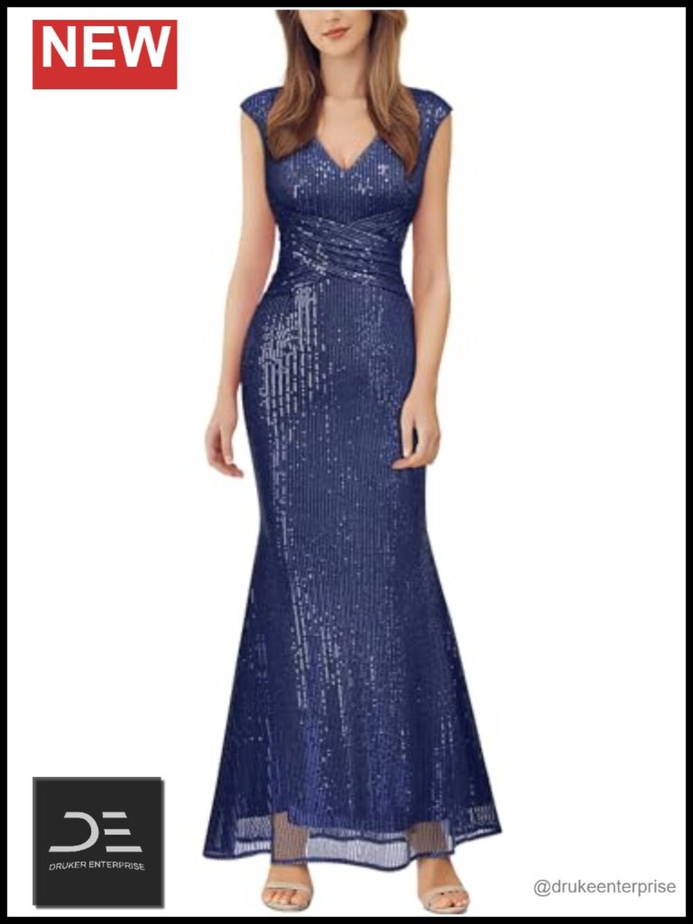 Glitter Sequin Ruched V Neck Cap Sleeve Cocktail Party Maxi Dress